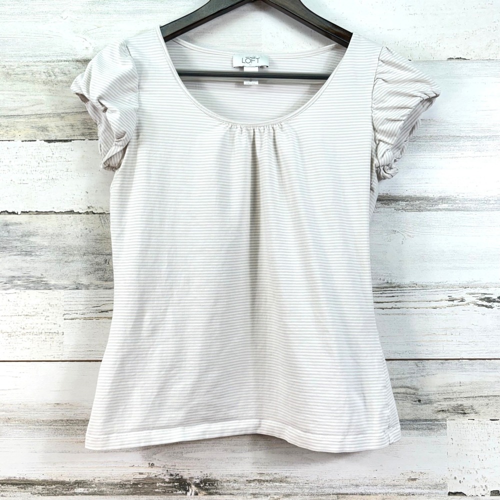 Ann Taylor LOFT Womens‎ Tan White Striped Puffed Sleeve Scoop Neck Tee Shirt M